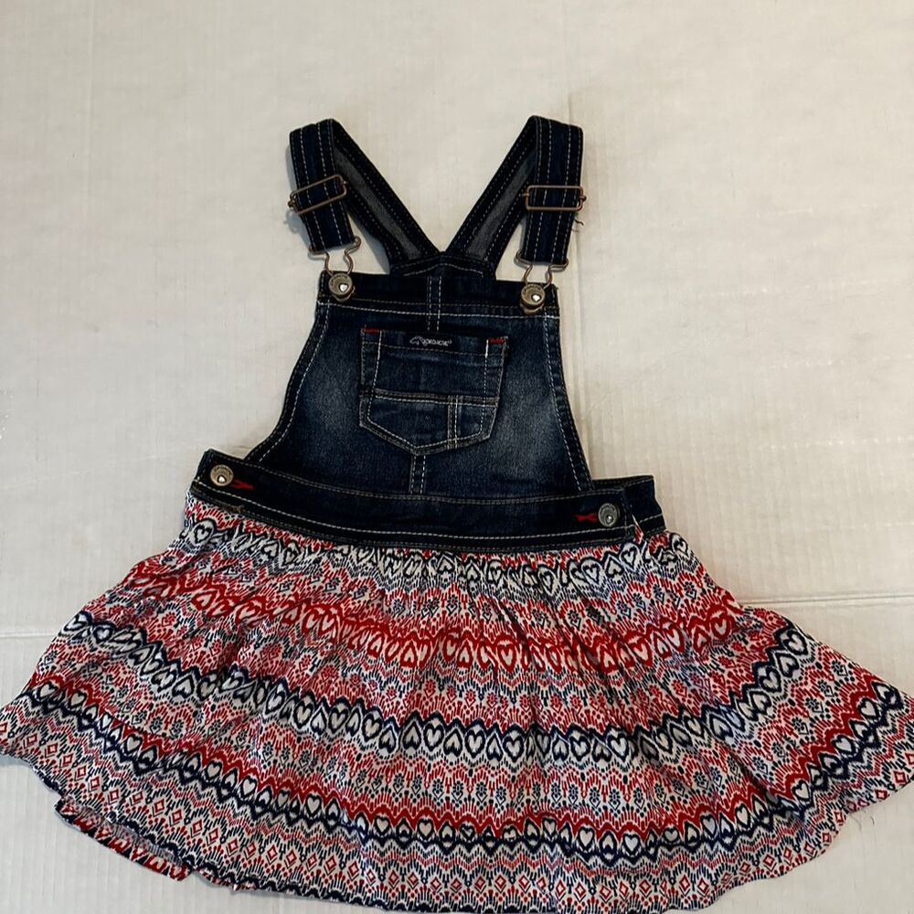 Jordache Girls 4T Blue Denim Overall Dress Knee Length Heart Pattern